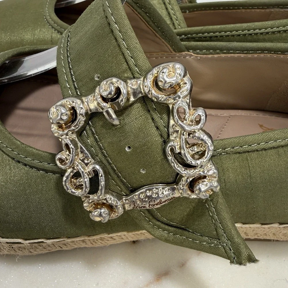 Sam Edelman Maddy Green Espadrille Mary Jane Silky Upper Ornate Buckle Flats 7